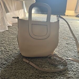 Beige bucket bag with long strap